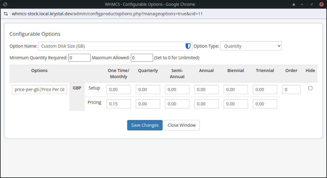 A screenshot of the custom disk sizes configurable option.