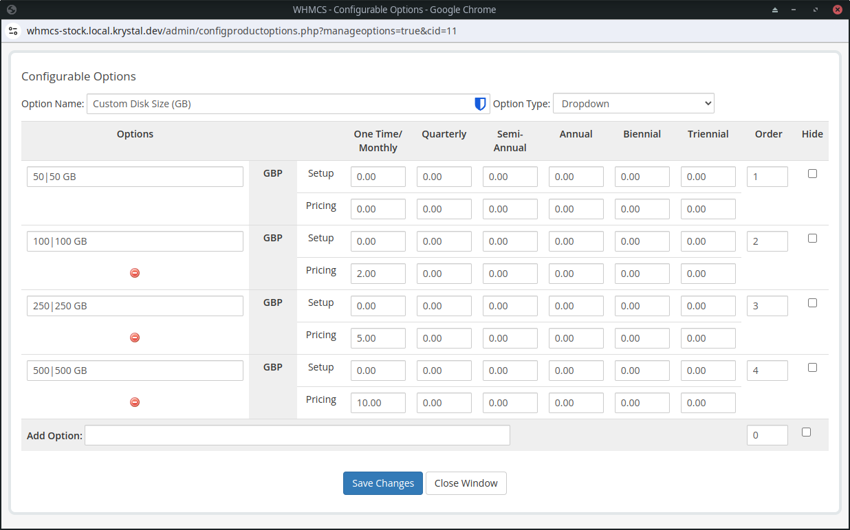 A screenshot of the custom disk sizes configurable option with the drowndown type.