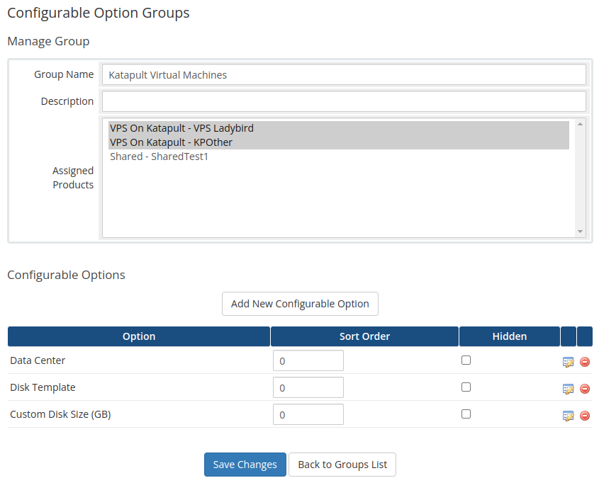 A screenshot of the configurable options group.